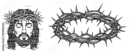 Portrait of Jesus Christ with crown of thorns in a horizontal scribble line art style
