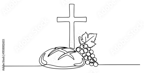 Christian bread cross and grapes in minimal line art vector illustration