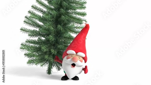 Cute funny cartoon gnome with a Christmas tree animation