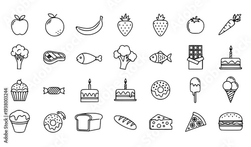 Food line icon set with fruit vegetables meat candy cake and dessert outline symbols for web and app design