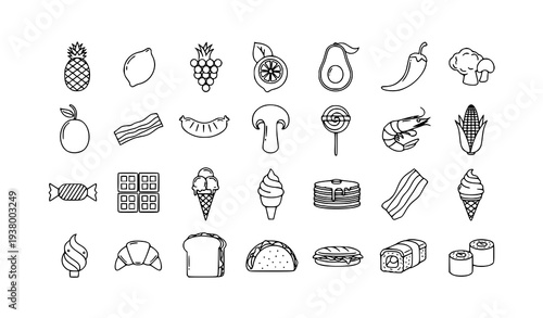 Modern food outline icon collection with fruits vegetables sweets and meat symbols for mobile app and web design