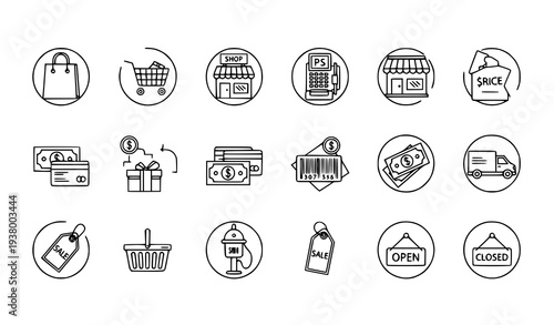 Modern shop outline icon collection with shopping bag cart register gift box and delivery for mobile and web