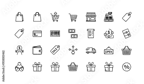 Shop design line icons set with shopping bag cart cash register price tag for web app and mobile UI