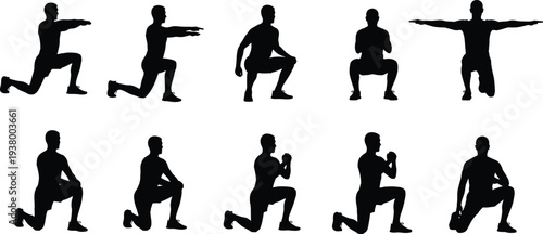 Fitness lunge exercise silhouettes collection, strength training workout poses for gym training and athletic body workout illustration set