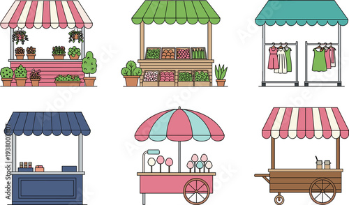Market stall collection set, street shop kiosks selling plants, vegetables, clothes and food cart vendor vector illustration