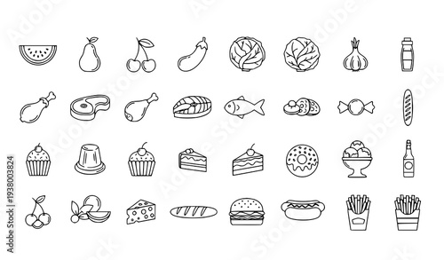 Food outline icon pack with fruits vegetables meat desserts and fast food line symbols for interface design