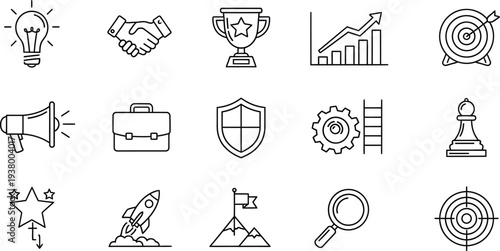 Collection of essential business strategy line icons symbolizing success, innovation, growth, and effective planning for corporate development and project management objectives