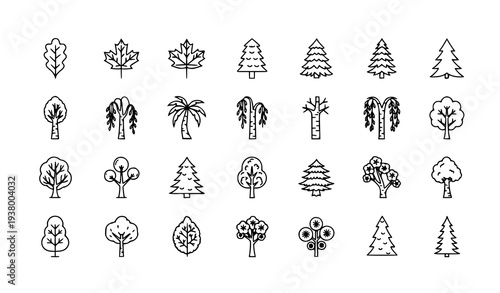 Tree line icon set with oak maple pine spruce birch and willow for web, app, and UI design
