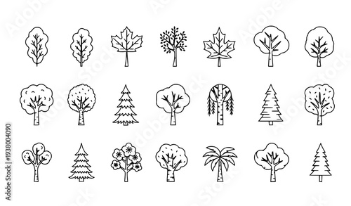 Minimalist tree outline icon collection with oak maple pine birch and palm for mobile apps and web design