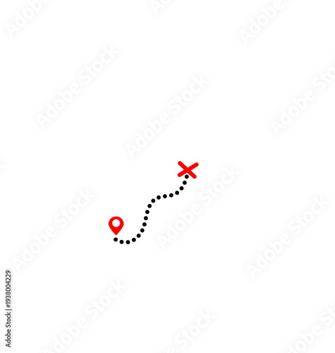 Minimalist vector illustration of a dotted line path connecting a start location pin to a destination cross mark on a white background.
