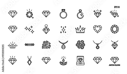 Premium diamond line icon pack with ring pendant solitaire crown and geometric gems for web and app design