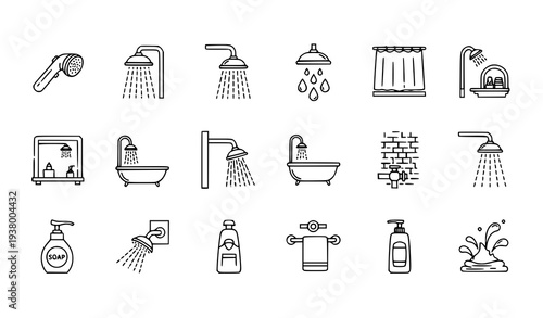 Modern shower line icon set with showerhead bathtub curtain soap and bathroom accessories for web and mobile