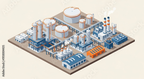 Modern industrial factory complex with pipelines and tanks.