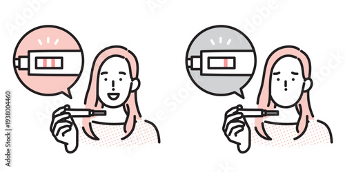 シンプル　イラスト　妊娠検査薬の結果を確認する女性 陽性と陰性の比較イメージ ベクターイラスト