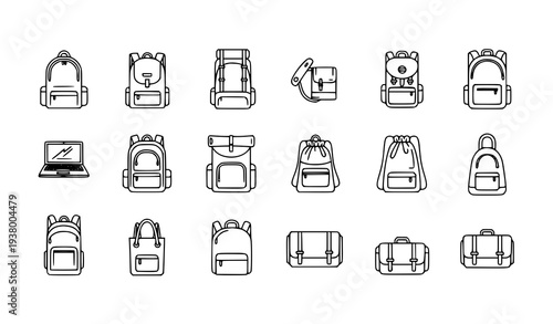 Premium backpack line icon pack with school hiking laptop travel and messenger bags for web and app design