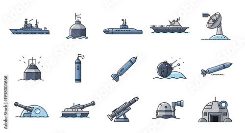 Military Naval Ships and Equipment Icons.