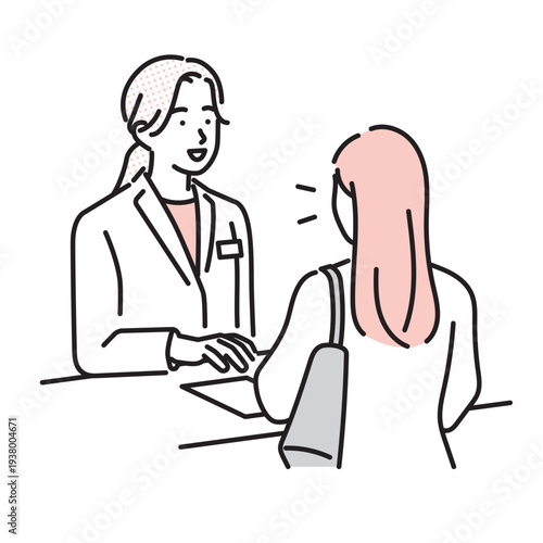 シンプル　イラスト　薬剤師に処方箋を渡す女性のイメージ ベクターイラスト