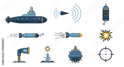 Military Naval Warfare Icons Set.