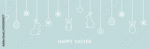 Happy Easter banner with hanging baubles. Holiday background with bunny, eggs, flowers, hearts line art icons. Happy spring pattern. Festive cartoon border. Greeting frame. Vector illustration