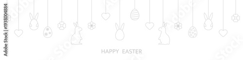 Happy Easter banner with hanging baubles. Holiday background with bunny, eggs, flowers, hearts line art icons. Happy spring pattern. Festive cartoon border. Greeting frame. Vector illustration