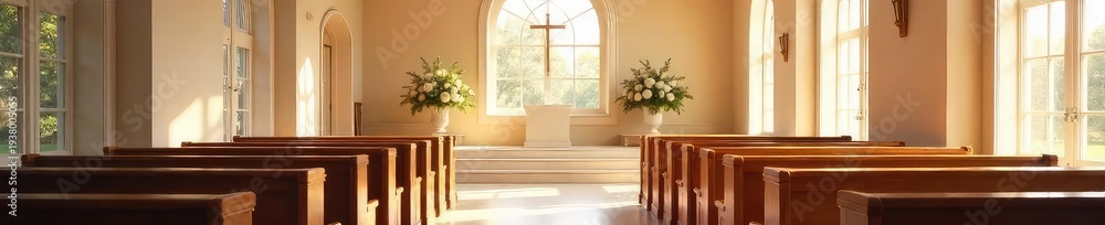 Fototapeta premium A serene chapel interior, bathed in soft light, features elegant seating and subtle floral arrangements, perfect for a memorial service or visitation , tranquil, funeral chapel, visitation