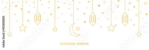 Ramadan Kareem line hanging baubles. Arabic traditional eastern lanterns garland. Muslim ornament. Eid Mubarak banner. Holiday Night. Golden crescent, star. Islam decoration. Vector illustration