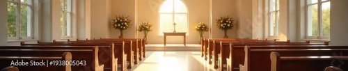 A serene chapel interior, bathed in soft light, features elegant seating and subtle floral arrangements, perfect for a memorial service or visitation , mourning, religious