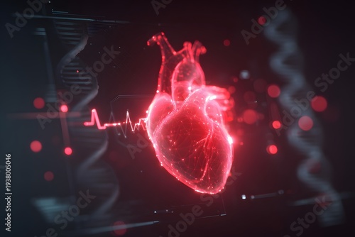 A glowing red heart with a pulse line and DNA helix in the background, symbolizing health and medicine