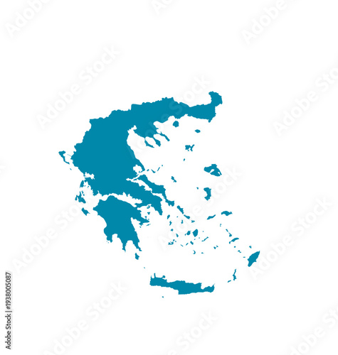 Simple solid teal silhouette map graphic representing the entire country of Greece and its surrounding islands