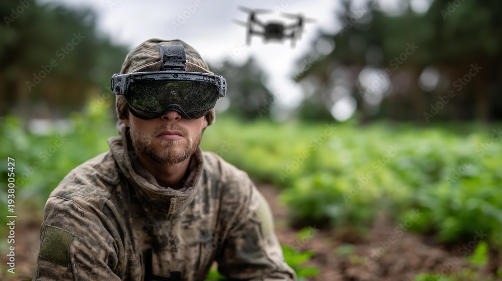 Fototapeta premium Faceless military operator in tactical gear wearing compact FPV goggles kneeling in a field, combat drone visible hovering above trees in the background, defocused forest edge behi
