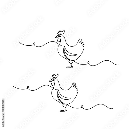Hen continuous one-line drawing, white background, minimalist style, isolated outline vector illustration
