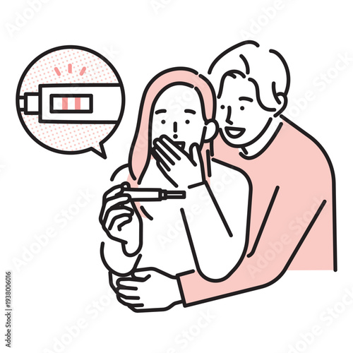 シンプル　イラスト　妊娠検査薬で妊娠が分かり喜ぶ夫婦のイメージ ベクターイラスト