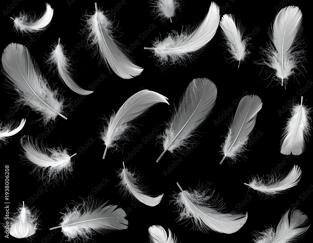 Fototapeta premium A collection of white feathers on a black background