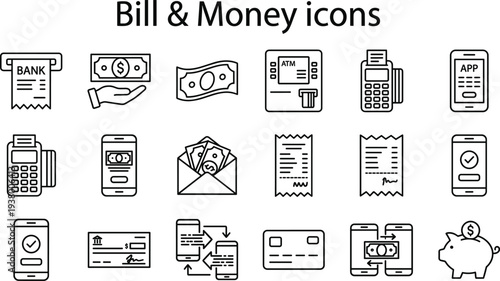 Bill and money icons collection with bank receipt, ATM, mobile payment, credit card and finance symbols, minimal outline vector set for banking and business design