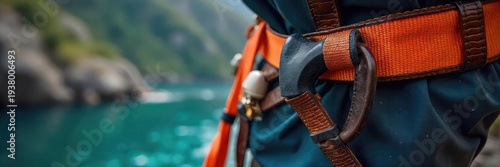 Close-up of a securely fastened safety harness attached to a sturdy anchor point, emphasizing robust construction and reliable protection ,  carabiner,  tether