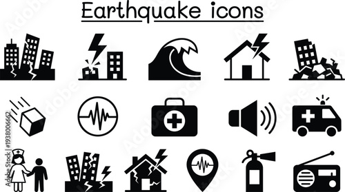 Earthquake disaster icons collection with damaged buildings, seismic wave, emergency response, rescue and warning symbols, solid vector set for natural disaster safety design