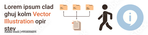 Data management, information sharing, workflow processes, data storage, organization tools, user interaction. Folder icons connecting to a document, a walking figure information symbol. Data