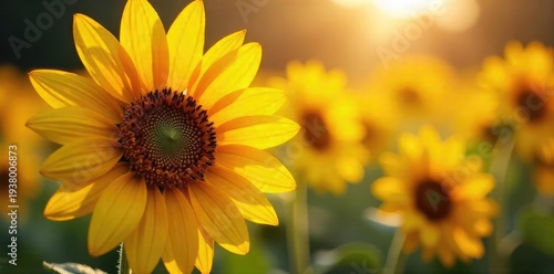 Close-up of vibrant sunflowers glistening with morning dew, sunlight catching each petal, creating a sparkling effect  A captivating display of nature's beauty ,  countryside,  botany