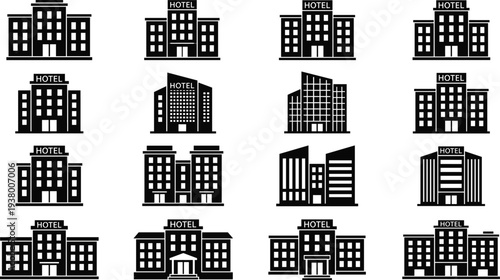 Hotel building icons collection with modern accommodation, hospitality, resort and lodging symbols, solid black vector set for travel, tourism, website design and mobile apps