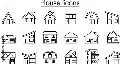 House icons collection with home buildings, residential property, cottages and modern architecture symbols, minimal outline vector set for real estate, housing and construction design