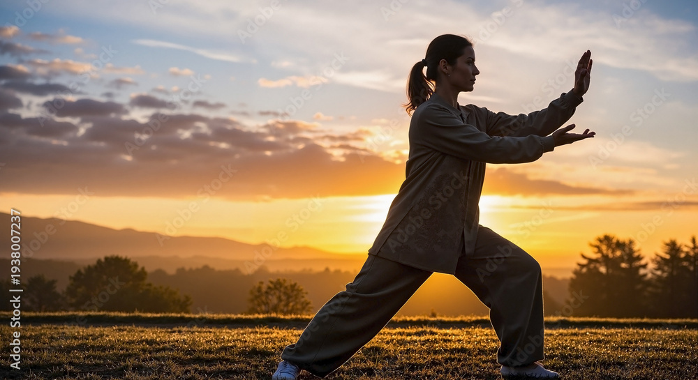 Fototapeta premium Woman practicing tai chi at beautiful sunrise, performing graceful movements with focus and precision. This serene woman practicing tai chi cultivates inner peace and physical balance outdoors.