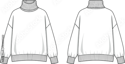 Women Oversized Turtleneck Sweater Technical Fashion Flat Sketch Vector Illustration Front and Back View Knitwear Design Template for Apparel Production