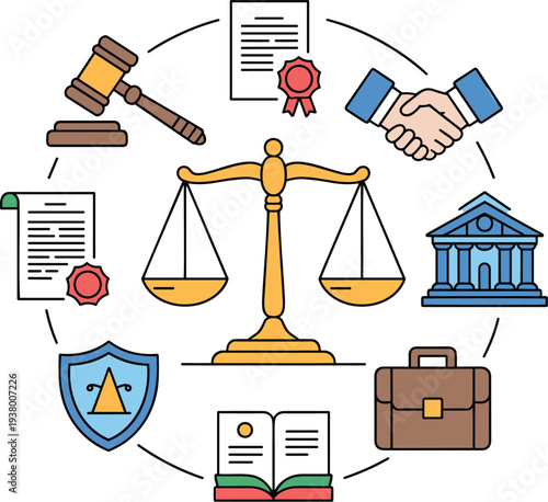 Legal professional icon collection featuring justice scales courthouse gavel document and handshake briefcase set.