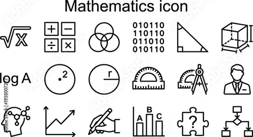 Mathematics icons collection with algebra, geometry tools, equations, graph analysis and calculation symbols, minimal outline vector set for education, science and learning design
