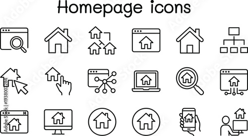Modern homepage icons collection with house symbols, website navigation elements, minimal outline UI icons set for web interface, app dashboard, and digital design projects