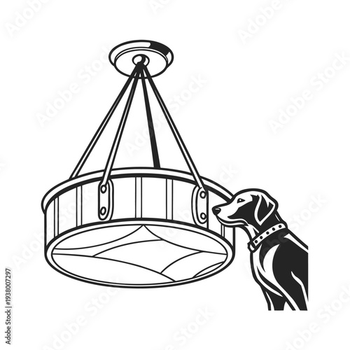 Vector illustration of dog looking at hanging light fixture