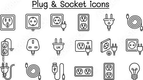 Plug and socket icons collection with electrical outlets, power plugs, USB cables and charging symbols, minimal outline vector set for energy, technology and electronics design