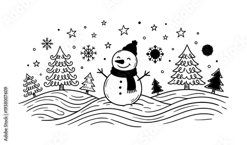 Doodle style winter holiday snowman landscape with trees and snowflakes vector illustration
