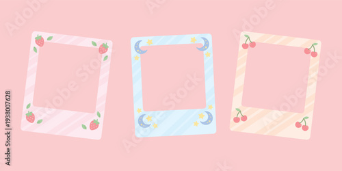 Cute Polaroid Frames with Strawberry, Moon, and Cherry Designs on Pink Background