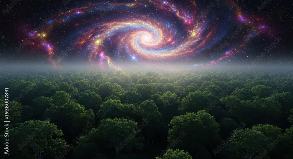 Fototapeta premium Aerial view of a dense green forest meeting a vivid, swirling nebula in the night sky, blending nature and space, majestic, light, night